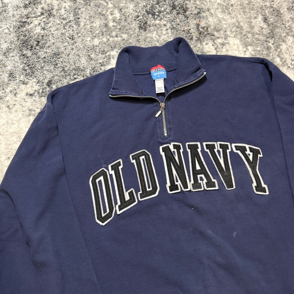 Vintage Old Navy Active Quarter Zip‎ Pullover Navy Blue Waffle Knit Mens Large